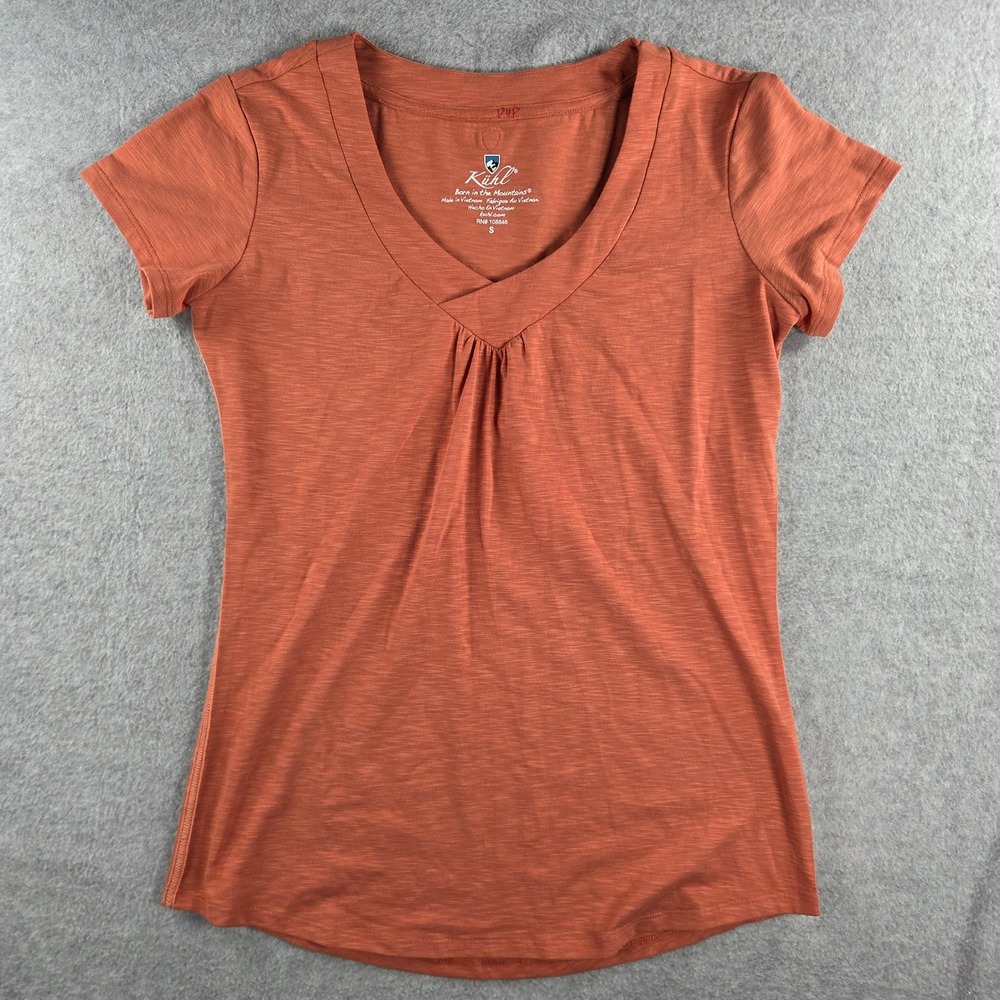 Kuhl T-Shirt Women Small Burnt Orange V-Neck Pleated Slub Short Sleeve Tee